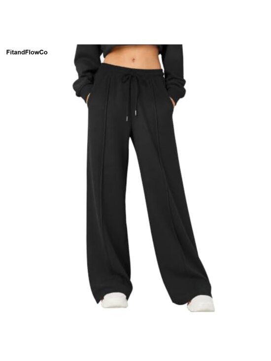 Pants - Fleece Lined Wide Leg Sweatpants Drawstring Pockets Cotton Polyester